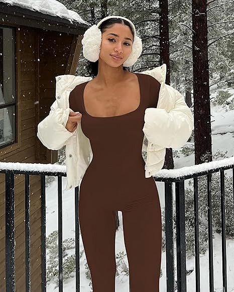 .com: OLCHEE Womens Long Sleeve Workout Jumpsuit Square Neck Ribbed  Seamless Yoga Romper Sexy Bodycon Tummy Control Unitard Onesie - Brown  Small : Clothing, Shoes & Jewelry