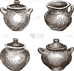 多样,锅,粘土,家用器具,厨房器具,陶瓷工艺品,餐具,矢量,草图,收集