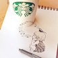 日本漫画家Tomoko Shintani在喝咖啡时画下的小清新插画，没有太多色彩，充满爱与奇遇的梦想场景，将Starbucks的杯子也融入到创作中，让故事在纸面与杯子表面蔓延开来，如此美好。