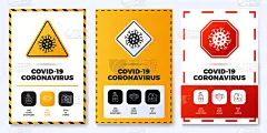 预防COVID-19所有在一个图标海报设置矢量插图。冠状病毒防护传单与轮廓图标设置和道路警告标志。待