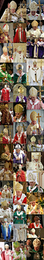 【本笃十六世戴过的主教冠】前代教皇--本笃十六世，宗教界的时尚老潮男。下边这些图照片仔细看，你会发现每张图中，前教皇带的主教冠都是不一样的，而且这些还不是他常戴的款式...不过这些衣服很多都是很多代教皇累积下来的，前教皇很乐意搭配就是了，也难怪他走到哪里，都有一群人在后边追着拍。 ​​​​