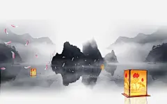 飘在山水间的游灯高清素材 中国古亭 中国风 云雾缭绕 古亭背景装饰 山水风光 水灯 飘扬的花瓣 免抠png 设计图片 免费下载