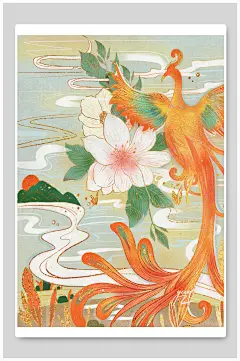 创意花朵凤凰国潮风插画