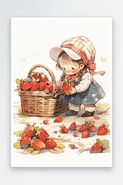 数字艺术手绘插画小红帽摘草莓艺术女孩-众图网