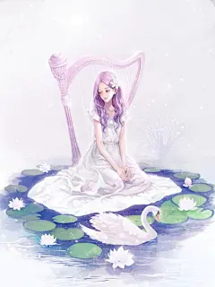 素锦 女孩儿 莲花 天鹅 荷叶 竖琴  紫系 清雅