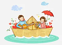 情人节_新图网 https://ixintu.com 爱心 情侣 海水 小船 蓝色 红色 伞