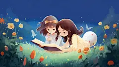 阅读儿童小孩女孩在草地上看书人物插画世界读书日卡通手绘儿童读书学习亲子阅读招生教育