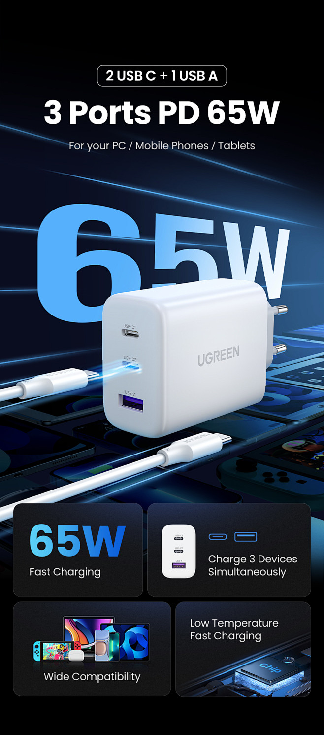 Ugreen-cargador de escritorio de 65W, estación de carga rápida para  ordenador portátil, Macbook, iPhone 14, 13 - AliExpress