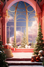 Christmas room christmas scene, in the style of vibrant stage backdrops, surrealist dreamlike scenes, aurorapunk, eye-catching, photorealistic renderings