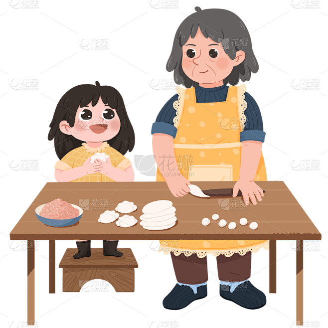 手绘卡通奶奶孙女爷孙互动贴纸