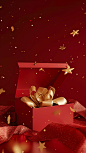 Open christmas gift box with golden ribbon and stars, in the style of surreal fashion photography, minimalist painter, red, folded planes, chinapunk, conceptual installation art, photorealistic detail