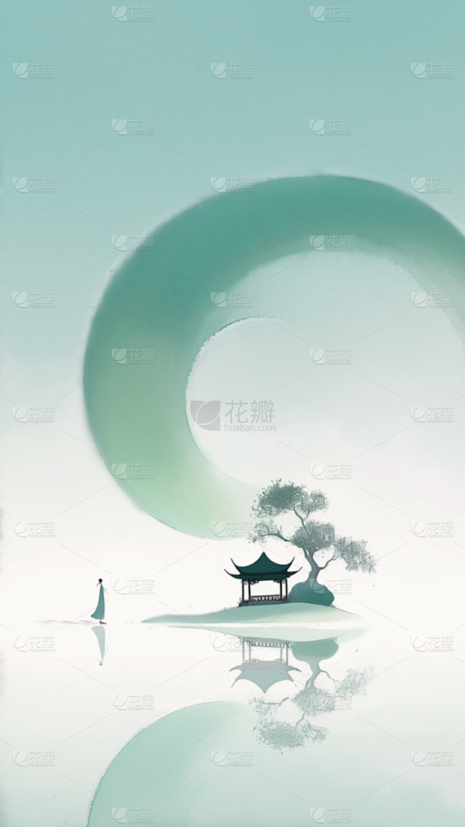 夏日中国风-水墨晕染写意留白山水背景图片