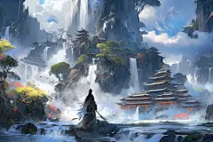 古风建筑古风山水树木壁纸素材