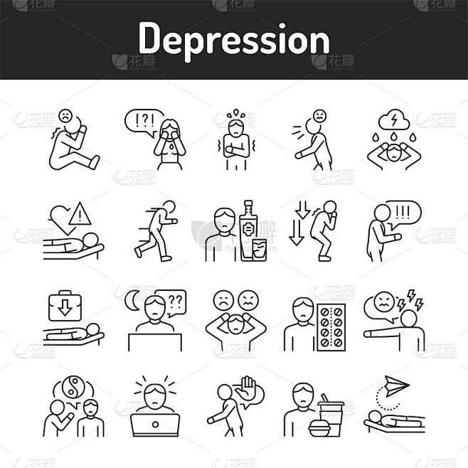 Depression color line icons set. Pictograms for we素材-花瓣网