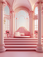 3d illustration of a pink bedroom, in the style of futuristic victorian, bess hamiti, rococo pastel hues, arched doorways, y2k aesthetic, lively tableaus, light pink and red