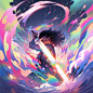 This may contain: a woman is standing in the water with her arms out and colorful swirls around her