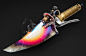 This may contain: a multicolored knife with an open blade on it's tip is shown in front of a black background