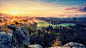 sunset landscapes trees forest hills valley  / 1920x1080 Wallpaper@北坤人素材
