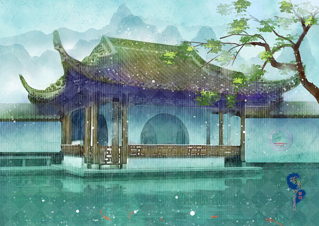 手绘古风场景插画-下雨