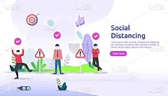 社会距离预防概念。防止COVID-19疫情传播。人与人之间保持1-2米的距离。登陆页面模板，横幅，社