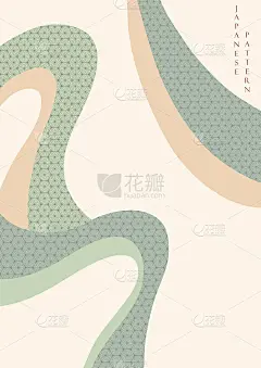 抽象艺术背景与几何图形向量。曲线和波浪元素与日本旗帜设计复古风格。