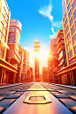 City street scene, futuristic, surreal, 3D rendering, metal texture, reflective surface, yellow and orange-red tones, strong light, blue sky background clay model, octane rendering, C4D modeling, ultra-detailed, ultra-high-definition, microscopic , flat v