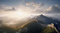全景万里长城手绘插画风景写实云海山脉长城城楼北京中国著名景点名胜古迹