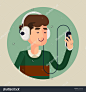 Vector modern flat design circle icon of casual clothed man wearing earphones listening music on his smart phone, turquoise background | Cartoon character of music lover enjoying his favorite track