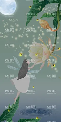 仲夏之夜  - 源文件下载【酷图网】昙花,女孩,翅膀,精灵,月亮,水滴,萤火虫,繁星