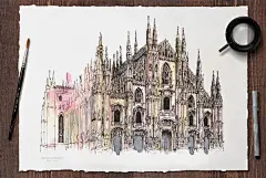 40个世界著名古迹水彩插画欣赏，米兰大教堂(Duomo Cathedral)