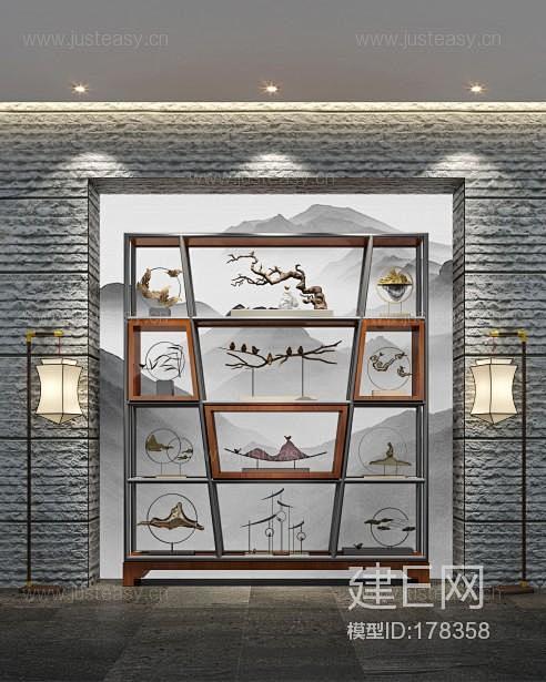 新中式博古架灯具组合装饰架橱柜模型-3d...