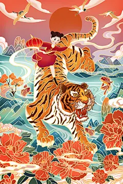 国潮猛虎下山牡丹虎年插画