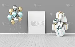 3d渲染室内与现实的彩色礼盒丝带蝴蝶结，模拟海报框架，气球在房间。为派对、社交媒体宣传横幅和海报腾出