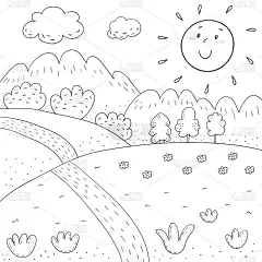 着色书阳光草甸，山，树设计的孩子