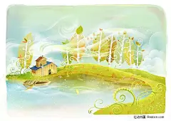 韩国梦幻插画素材  河边的小木屋PSD分层素材|插画|分层|风景图片|高清|韩国|梦幻|木船|色彩斑斓|树木|童话|小河|小屋|小溪