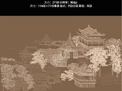新中式手绘古建筑迎客松背景壁纸山水楼阁亭台线描壁画装饰画素材