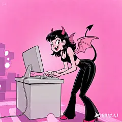 一个带翅膀的卡通恶魔女孩正在电脑上工作，精致的脸和手，正确的人体结构，黑色紧身裤，俏皮，生动，粉红色背景，Sharpie 插图，Tex Avery