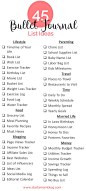 45 unique and great bullet journal list ideas! Get a great start on your bullet journal with these ideas and topics. Your bullet journal can help you create lists for life, food or even blogging. Love this list!!:
