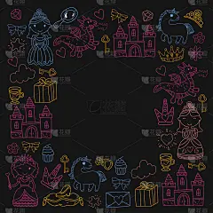 一套涂鸦公主和幻想图标和设计元素的邀请和贺卡。孩子们画的。幼儿园、学前班、学校模式