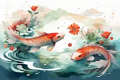 写意山水国潮锦鲤山水建筑元素插画