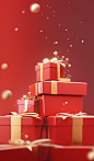 A collection of red boxes with gold decorations on a red background, in the style of rendered in unreal engine, minimal retouching, #vfxfriday, bokeh panorama, charming character illustrations, xmaspunk, hyper-realistic oil