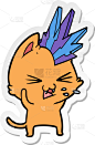猫,发嘶嘶声,朋克,标签,漫画,宠物,吐口水,图像,棍,性格