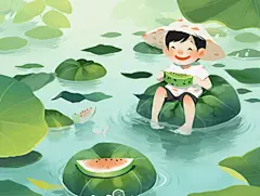 夏日处暑清凉唯美荷花荷叶飘在水面孩童吃西瓜插画卡通插画处暑清凉节