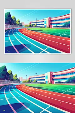 AI数字艺术扁平风校园球场操场插画-众图网