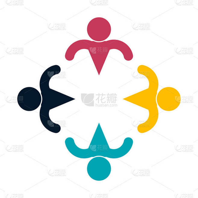 人物徽标。一圈四人组队群队符号，矢量图