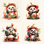  panda with a green body, wearing a bamboo hat, sitting in its mouth eating bamboo shoots, with a ferocious expression, a clean white background, a cartoon image, cute,Illustration style: watercolor painting, Hayao Miyazaki, packaging illustration --iw 1.