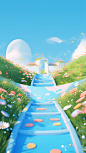 a bright and colorful pathway with a path and flowers, in the style of cartoon-inspired pop, 32k uhd, fluid simplicity, soft and rounded forms, sky-blue, immersive, hyper-realistic water