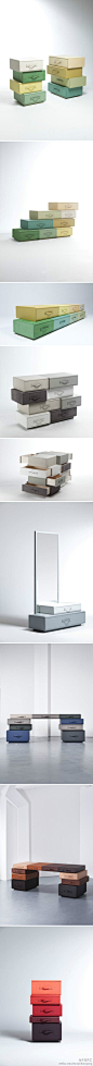 【家居设计】比利时设计师 Maarten De Ceulaer 与皮革艺术家 Ralph Baggaley 一同设计制造了这组形式多变，颜色俏皮的“Suitcases（旅行箱）”收纳家具。这些可爱的“小箱子”是否勾起了你旅行的念头？ via：https://sites.google.com/site/mdeceulaer/projects