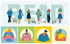 世界读书日、读书节、书展矢量概念插画，平面风格。人们坐着，站着，走着，读着书