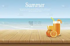 夏季背景蓝色天空与海洋和木制产品